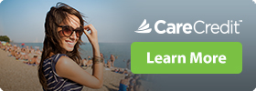 CareCredit Learn More Graphic, Smiling Woman on The Beach